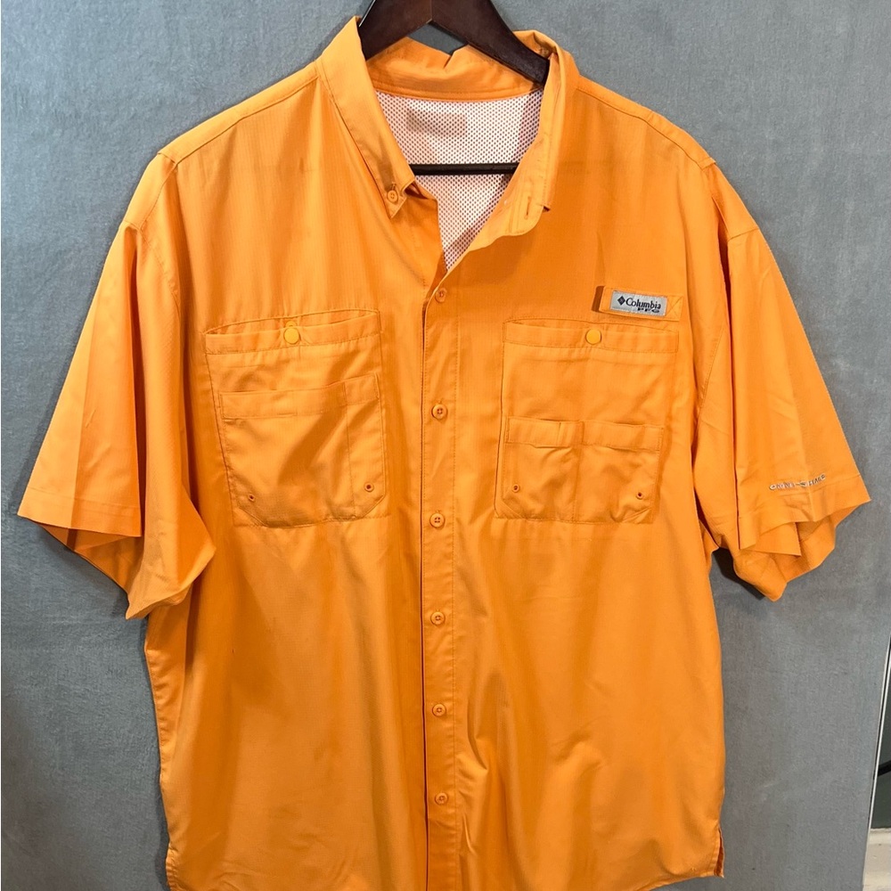Columbia PFG Bahama II Fishing Shirt Orange Nylon Hiking Short Sleeve Mens XL